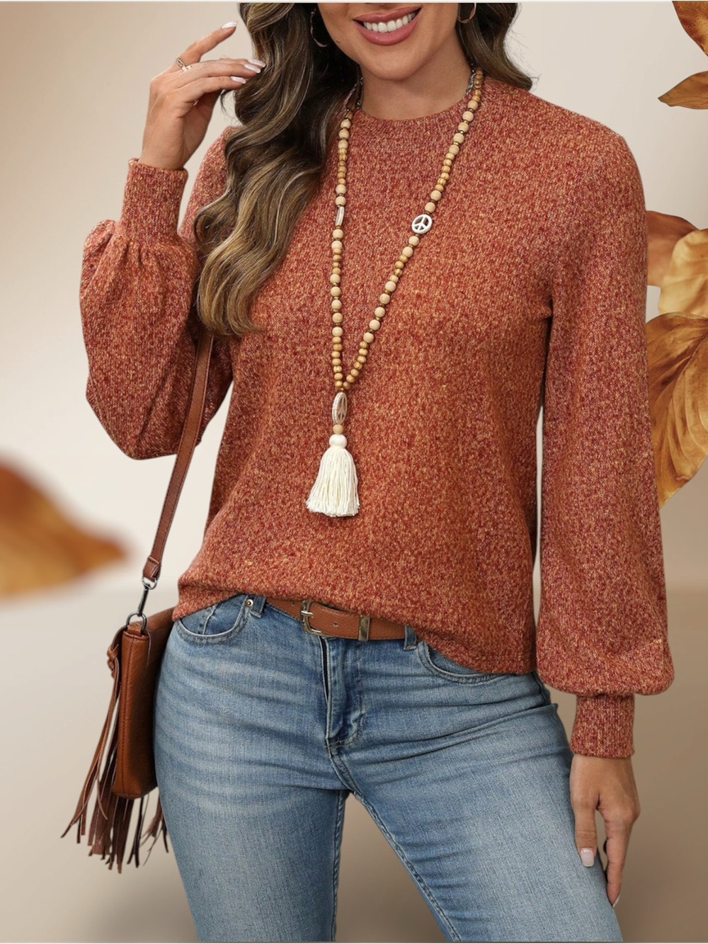 Women's Rust Knit Balloon Sleeve Sweater